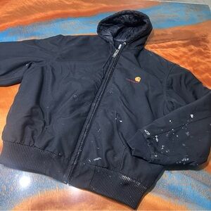 Vintage Carhartt Black hooded insulated bomber Jacket workwear grunge painted